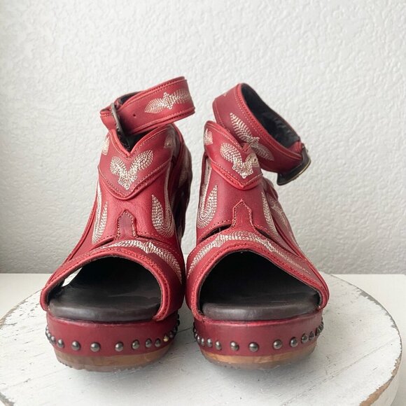 Lane Boots LEXINGTON Womens Red Wedges 9 Western Sandals Cowgirl Wooden Heels - Picture 5 of 11